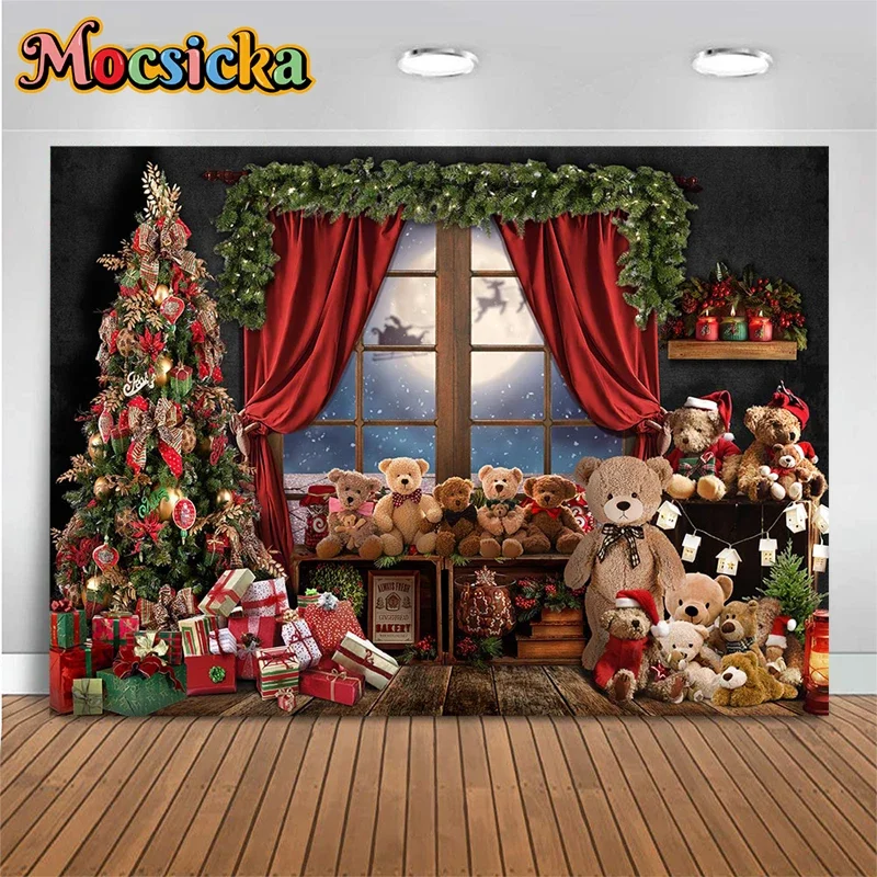 

Mocsicka Christmas Decoration Photography Background Xmas Tree Teddy Bear Gift Red Curtain Moon Santa Claus Photo Backdrop Props