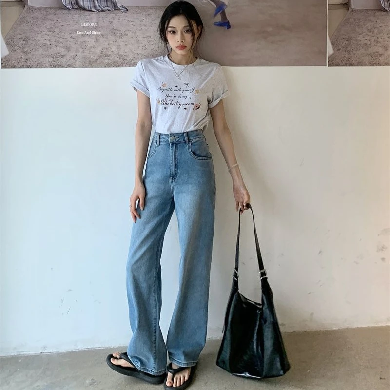 بنطال نسائي عتيق عالي الخصر من قماش الدنيم بقصة ضيقة مع جينز كاجوال فضفاض قابل للتمدد طويل ومريح وغير رسمي