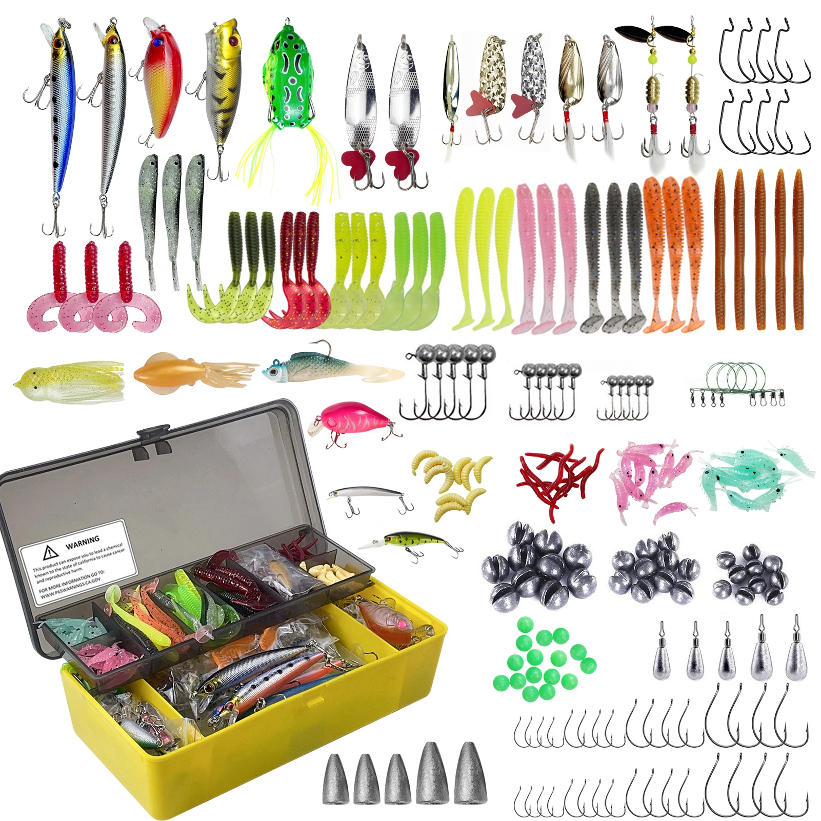 

Fishing Lures Set with Box Crankbaits/Spinnerbaits/Plastic Worms/Jigs/Popper/Minnows/Crank Hooks/Spoon/Metal Jigs/Frogs/Swivels