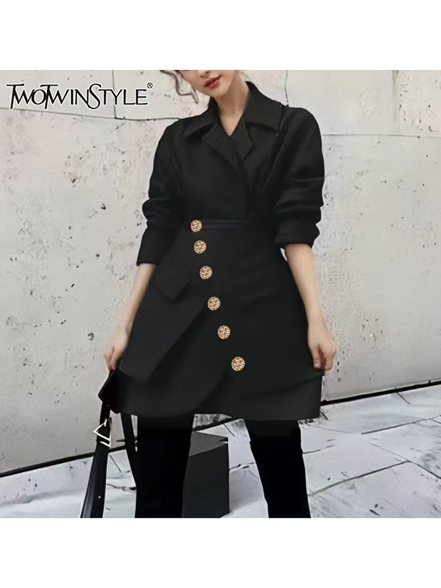 

TWOTWINSTYLE Solid Patchwork Pocket Blazers For Women Notched Collar Long Sleeve Tunic Spliced Single Breasted Chic Coats Female