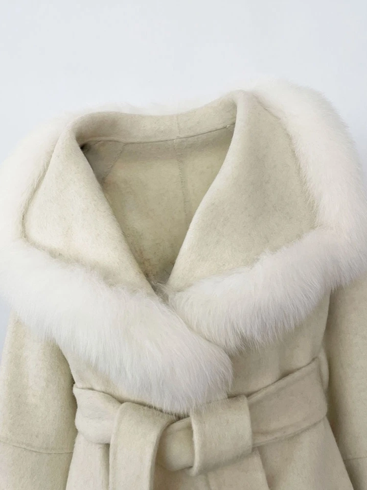 여성용 천연 울 혼방 캐시미어 리얼 퍼 코트 울 재킷 더블 브레스티드 벨트 따뜻한 스트리트웨어 패션 겨울 의류