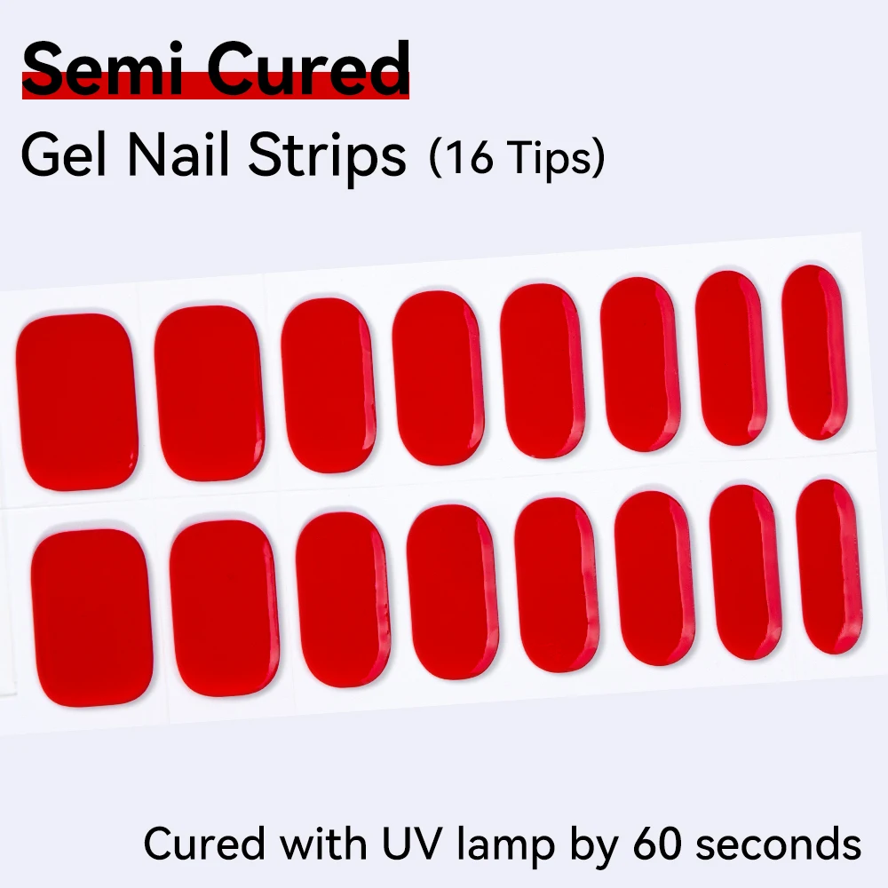 16Tips Semi-Cured Gel Nail Sticker Simple Solid Color Full Cover Gel Nail Strips UV/LED Lamp Long Lasting Gel Nail Wraps Decor