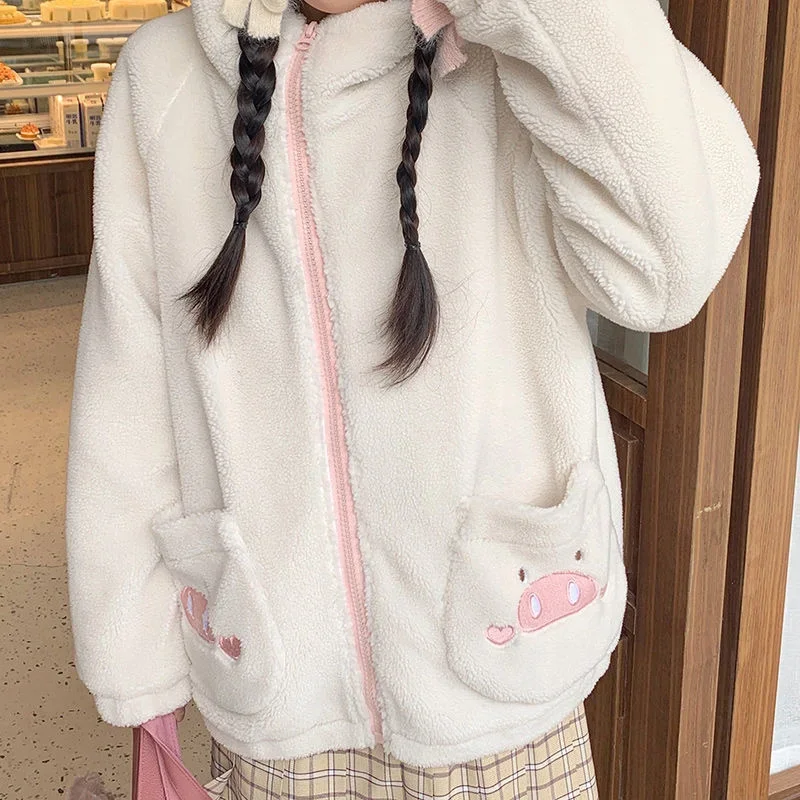 

Autumn Winter JK Sweet Women Zip-up Ears Hooded Sweatshirt Kawaii Cartoon Pig Embroidery Hoodies Double Pocket Fleece Outwear