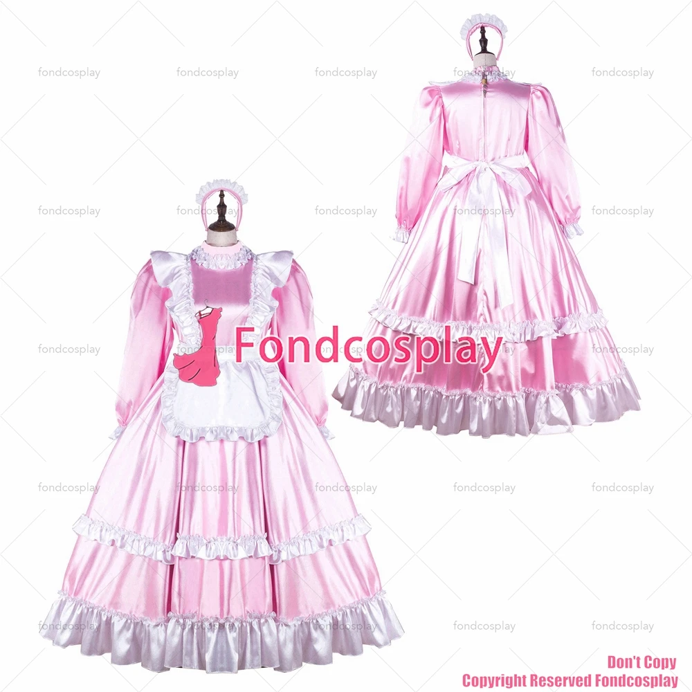 

fondcosplay adult sexy cross dressing sissy maid long baby pink satin dress lockable Uniform white apron CD/TV[G2254]