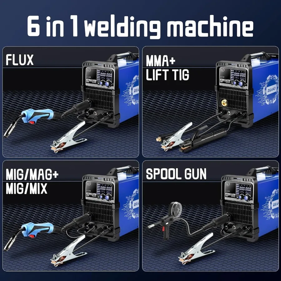 RILAND MIG205DS PRO 200Amp آلة لحام MIG ذات الجهد المزدوج لإصلاح السيارات وتصنيع المعادن ومشاريع ذاتية الصنع 5in1 متعددة