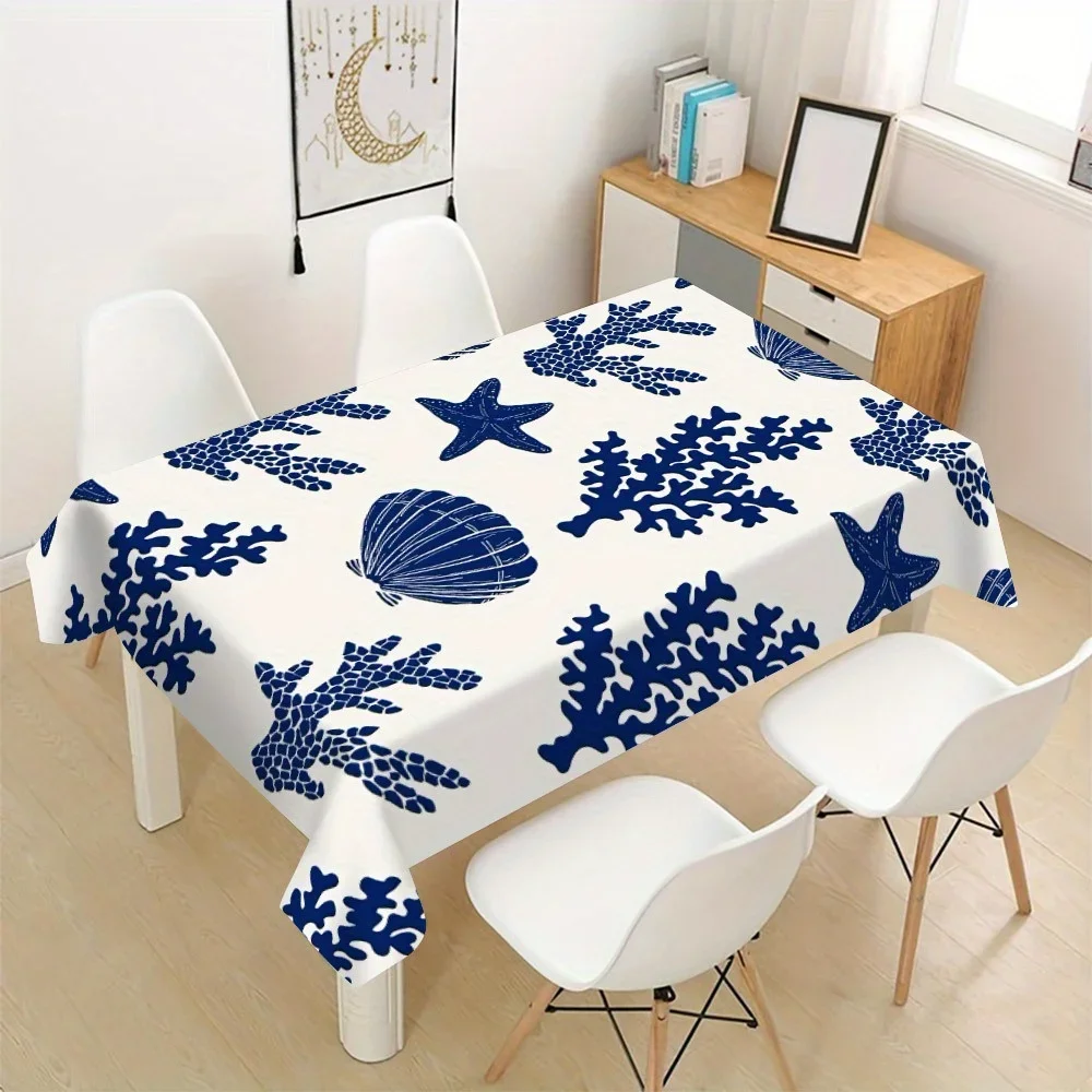 1 piece of marine oceanic biological polyester tablecloth - soft, durable, woven, with coral, starfish and shell designsxzj