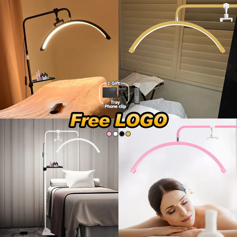 

2025 New 45W 23inch Free LOGO Led Lash Light Half-Moon Gold Led Video Light With Floor Tripod For Tattoo Beauty Salon Eyelash