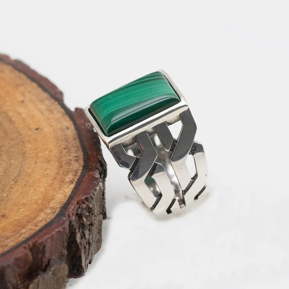 Wholesale Men Ring Base real 925 Sterling Rings Green Rectangle Malachite Stone Rings Men Silver