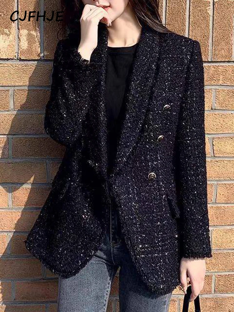 

CJFHJE Women Fashion Tweed Double Breasted Black Blazer Coat Vintage Long Sleeve Flap Pockets Female Outerwear Chic Suit Femme