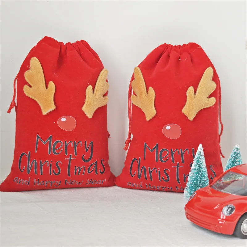 3pcs Per Pack Christmas Canvas Drawstring Bag with Pouch Canival Gift Bag xmas Featuring An Elk Design for Storage