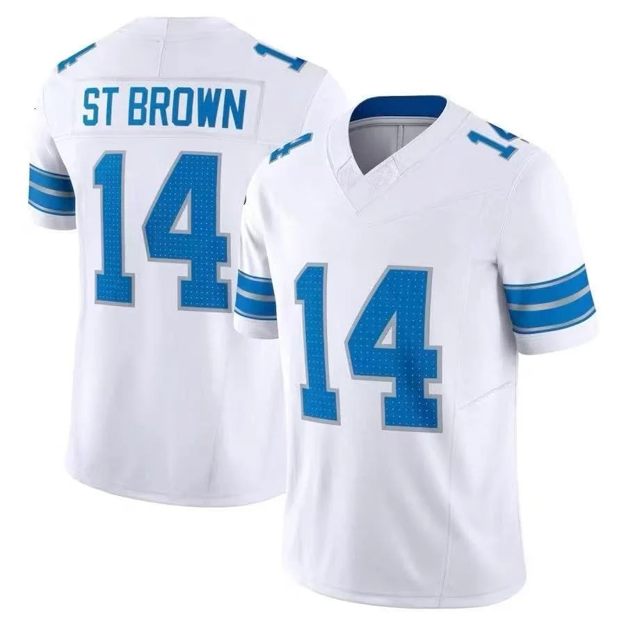 Herren # 14 Amon-Ra St Braun-Blau Kurzarm American-Football-Oberteil Rugby-Sportuniform für Sportfans, Familienoutfit – Detail 3
