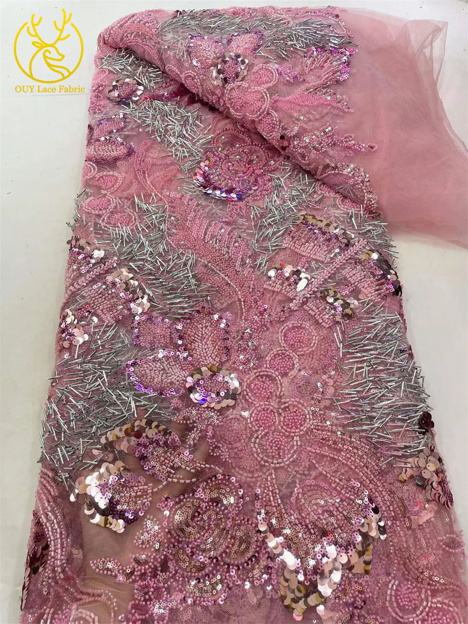 2026 Neuer Stil Luxuriöses Blumen-Perlen-Pailletten-Spitzendesign Hochwertiger Afrikanischer Spitzenstoff für Damen Hochzeitskleid Partykleid Nähen – Detail 11
