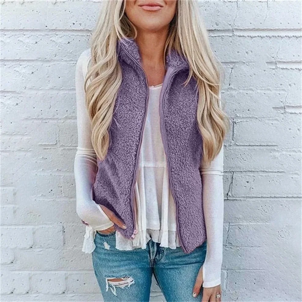 2025 Women's Vest Stand Collar Zipper Cardigan Jacket Fashion Solid Color Plush Warm Autumn and Winter Casual Coat