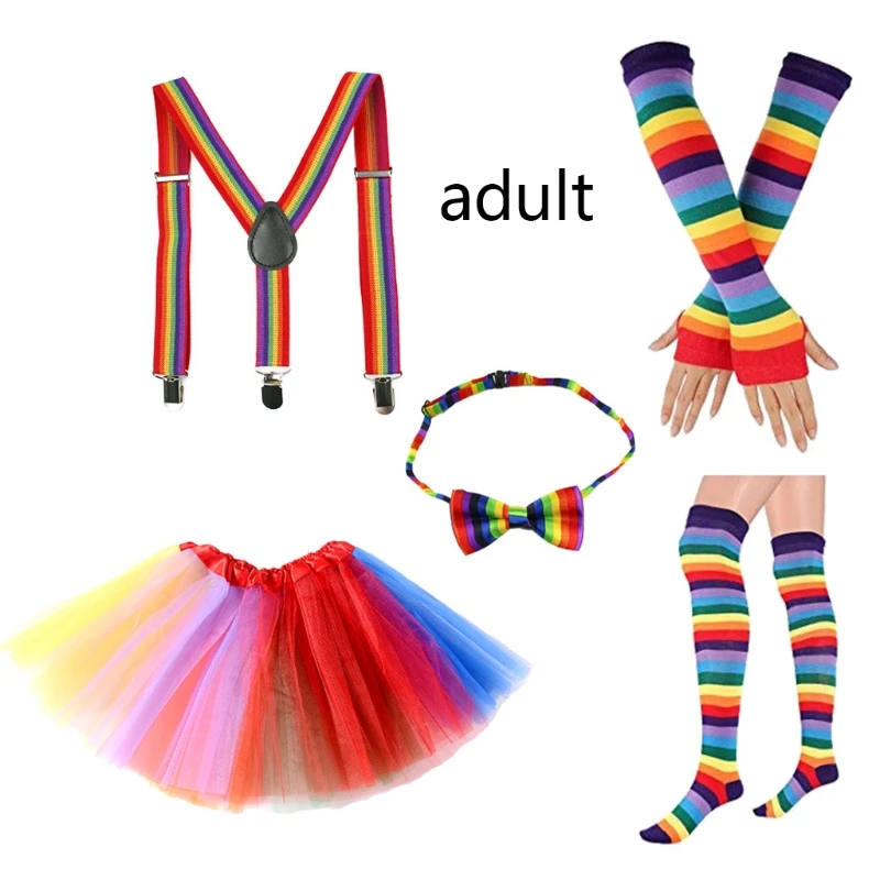 Cosplay Rainbow Costume Set Skirt Fingerless Gloves Socks Bowtie Suspender