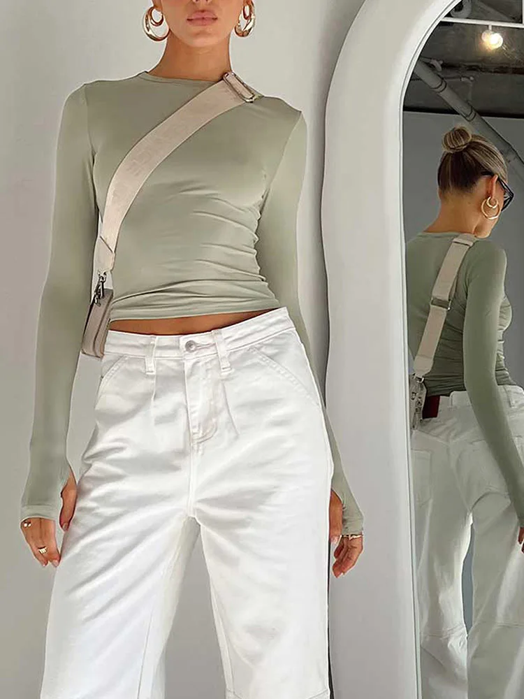 Mode Frauen T-Shirt Langarm Rundhals ausschnitt solide Slim Fit Damen Crop Top mit Daumen löchern für die tägliche Streetwear Sommer Camis
