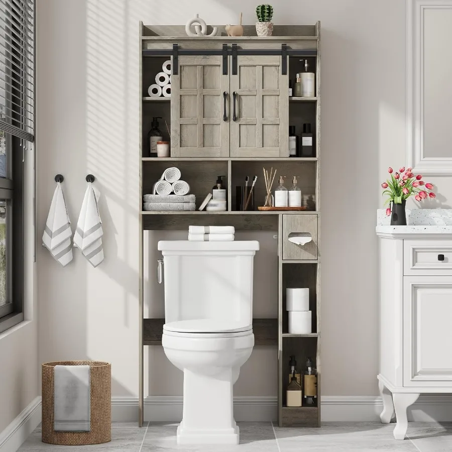 خزانة تخزين فوق المرحاض، خزانة تخزين المزرعة فوق المرحاض مع أبواب منزلقة، رف مرحاض موفر للمساحة للحمام