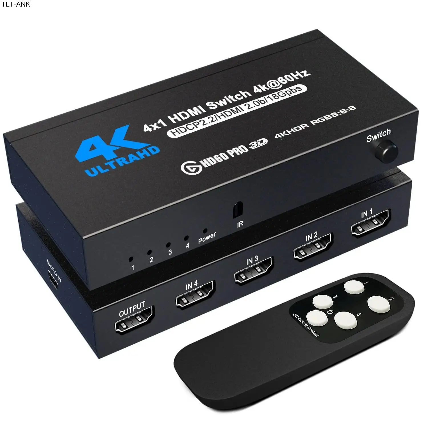 HDMI Switch 4K@60Hz 4 Port HDMI 2.0 Switcher Selector 4 in 1 Out HDMI Switch with IR Remote Control for PS4 Xbox Fire Stick PC