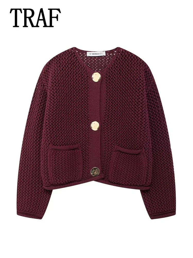 TRAF Women\'s Hollow Out Knitted Cardigans Fashion Street Sweater Coat Burgundy O-neck Long Sleeve Pocket Button Knitwear