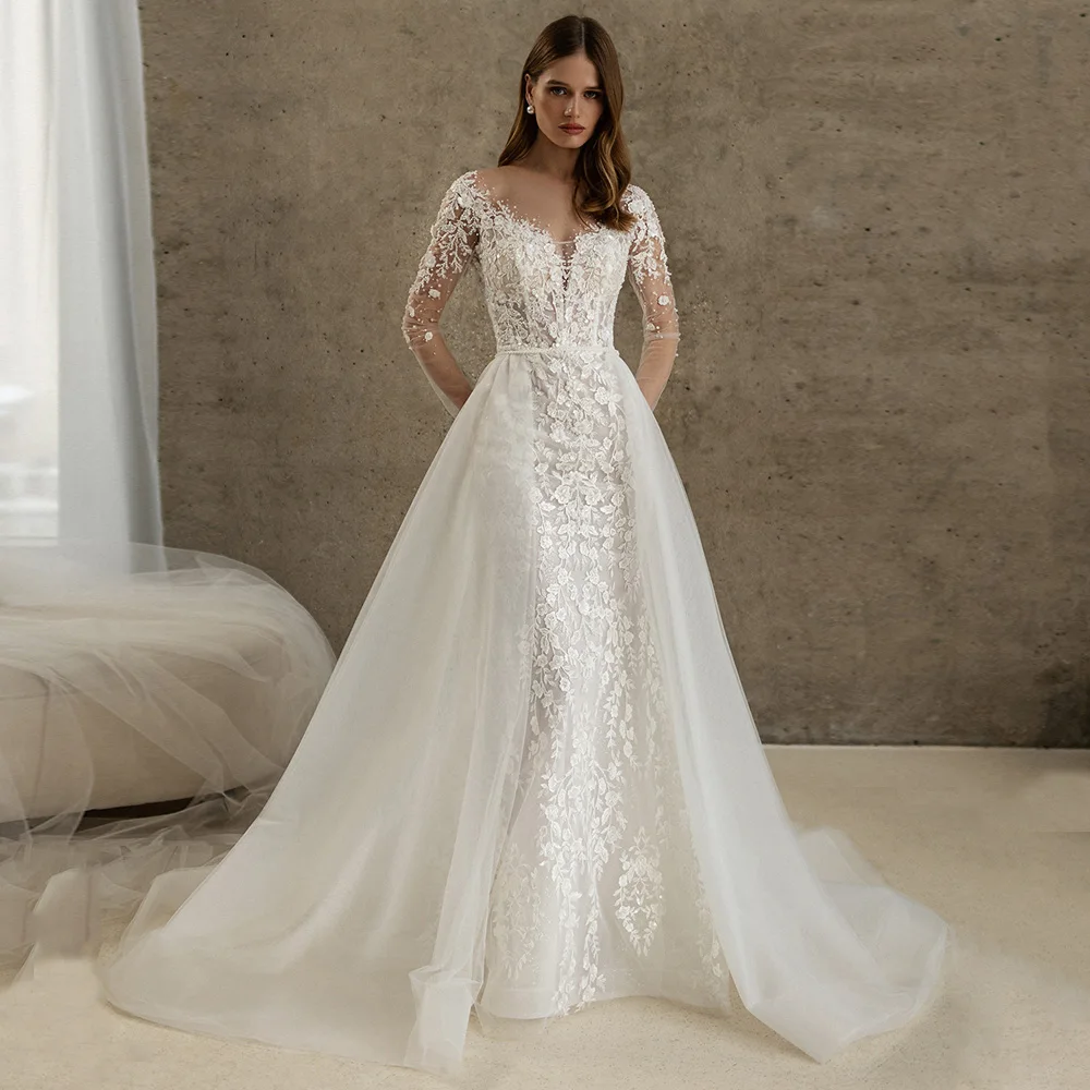 Robe de mariée sirène en dentelle avec poignées amovibles, robe de patients trompent, manches longues, encolure dégagée, appliques pailletées, élégante