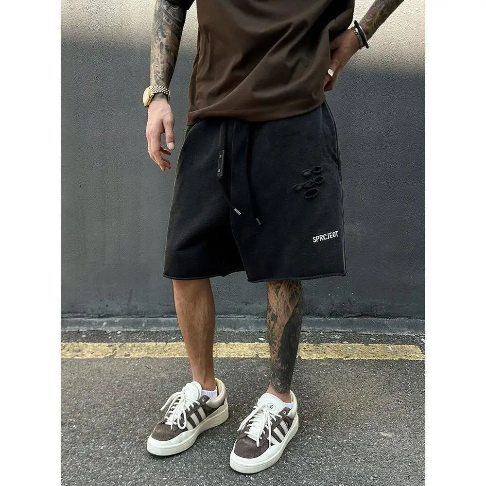 

Summer Large Size Men's Shorts 2026 Hong Kong Style Worn-In Distressed Loose Fit Elastic Waist Polyester Fiber Five-Quarter L...