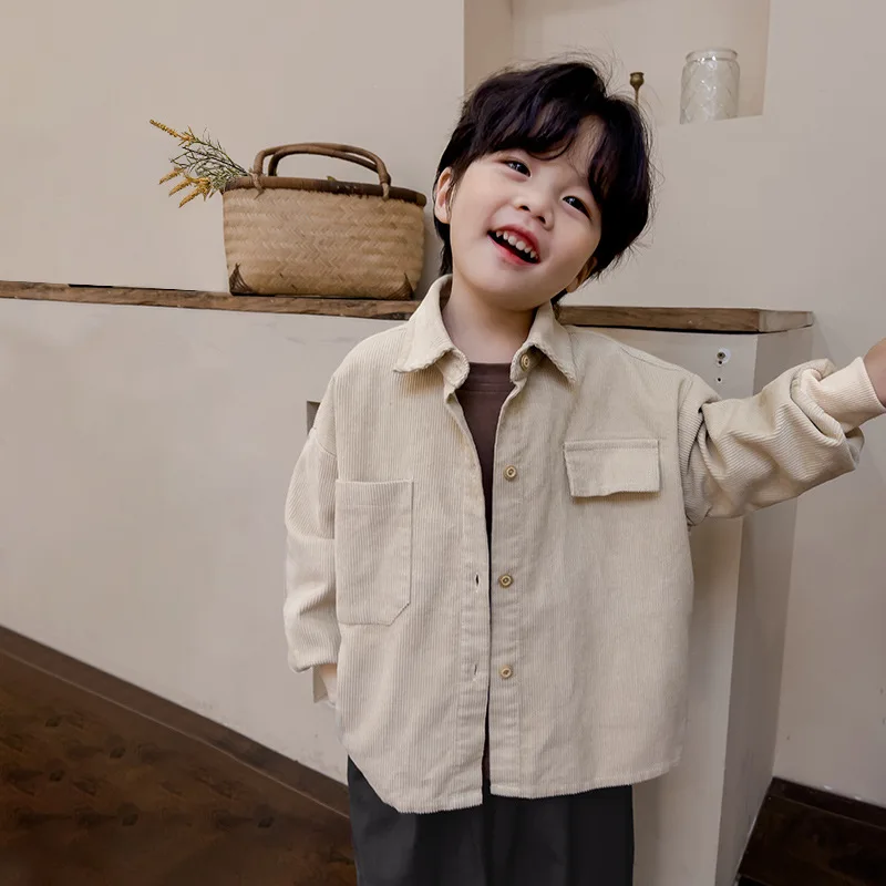 Children clothing Korean style corduroy shirt 2024 spring autumn boys solid color simple shirt fashion casual long sleeved top