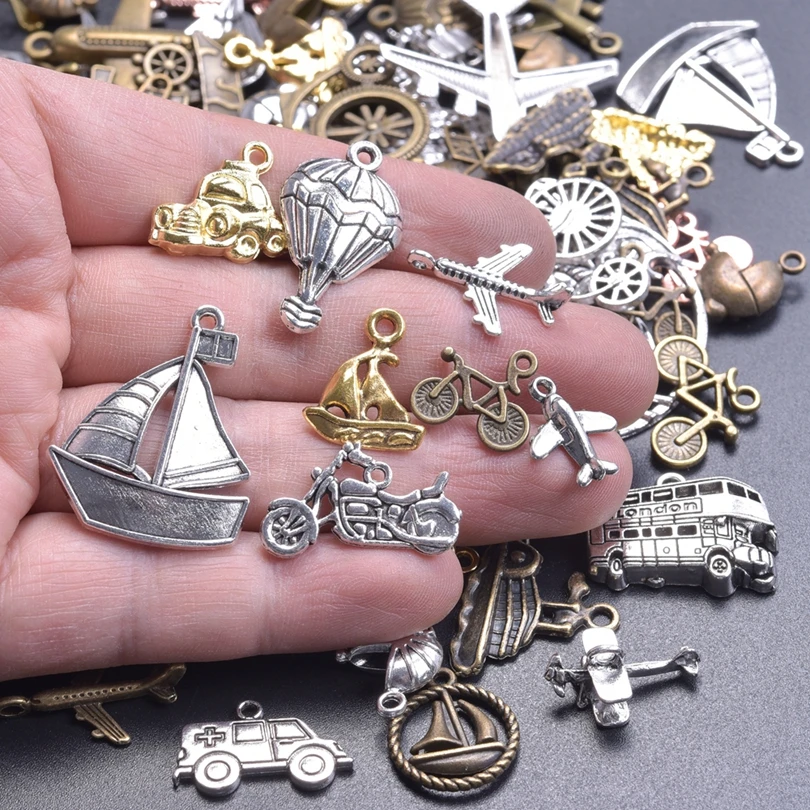 10/20/30Pcs New Car Airplane Bus Train Sailing Boat Charms Vehicle Charms Pendant for Jewelry Making DIY Handmade Keychain Gifts