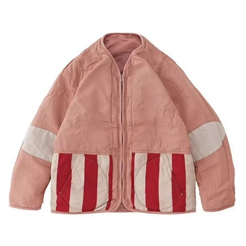 22aw Vintage Zipper V-neck Stripe Men and Women Jacket Color Matching Casual Loose Breathable Coat Green Black Pink