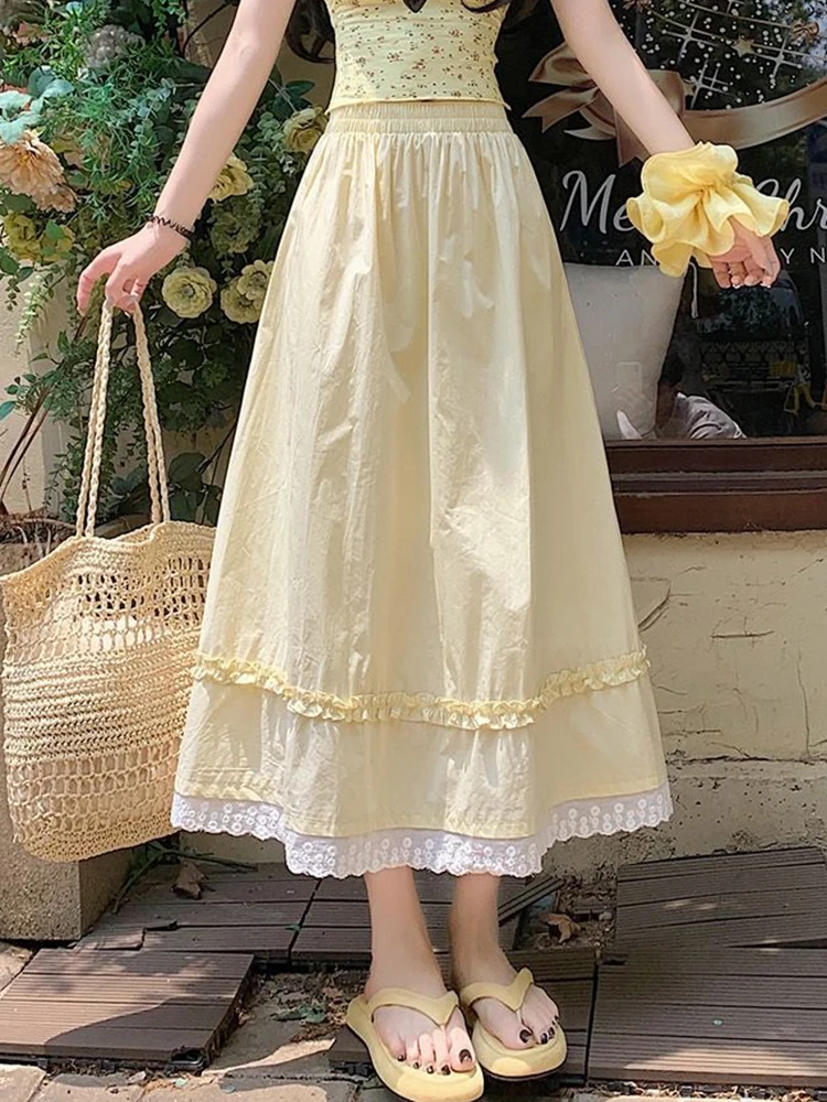 Ruffles Sweet Long Skirts Women High Waist Preppy Style Cute A Line Skirt Summer Fashion Loose Lace Patchwork Chic Elegant Skirt