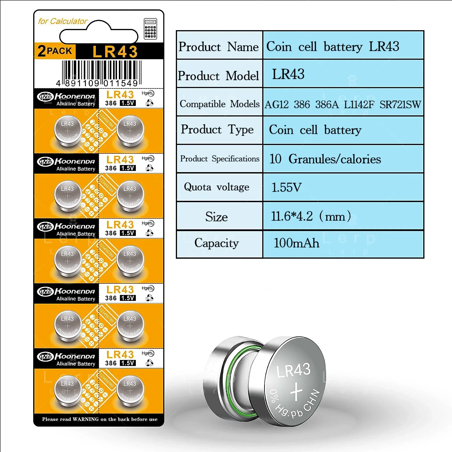 Batería de reloj LR43W 386A, pila de botón AG12 de 1,5 V, control remoto, modelo Compatible: AG12 386 386A L1124F SR721SW