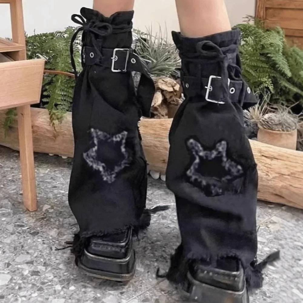 Japanese JK Lolita Y2K Denim Leg Warmers Stars Drawstring Cross Trumpet Leg Covers Pile Up Socks Denim Cloth Long Stockings