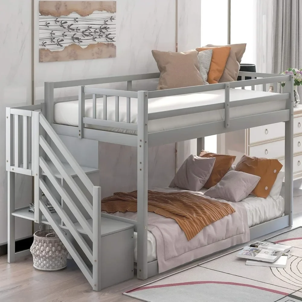 Twin Over Twin Junior's Low Bunk Bed with Storage Stairs,Wood Floor Bunk Bed ,Floor Twin Size Bunk Bed with Slat