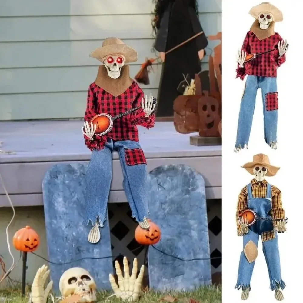 PP Dueling Banjo Skeletons Animated Latest Horror Night Rock Singer Skeleton Figurines Luminescent Halloween Skeleton Sculpture