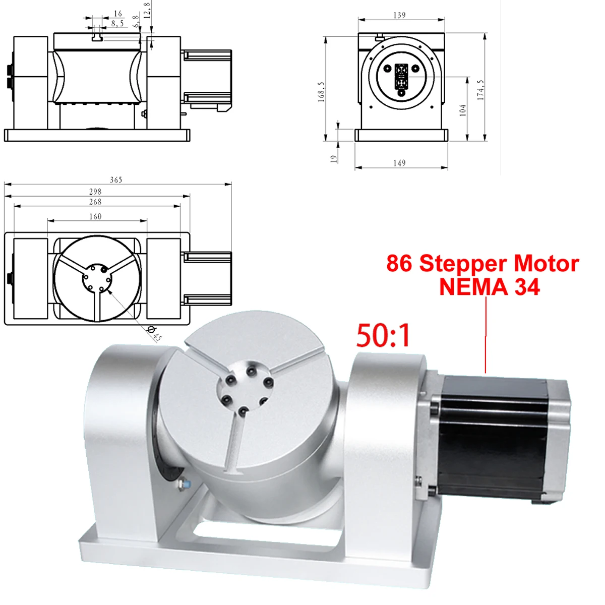 

Роторная ось ЧПУ 4-й/5-й оси (A/C) с шаговым двигателем NEMA 34, редуктором Harmonic Drive и делительной головкой, передаточное число 50:1