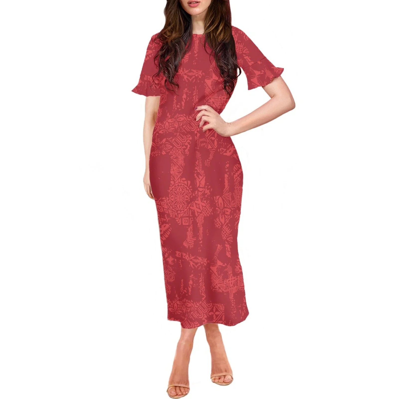 Robe longue à volants et manches courtes, col rond, à la mode, tenue de soirée, style Tribal polynésien, hawaïen, imprimé Hibiscus, rouge, été, 2023