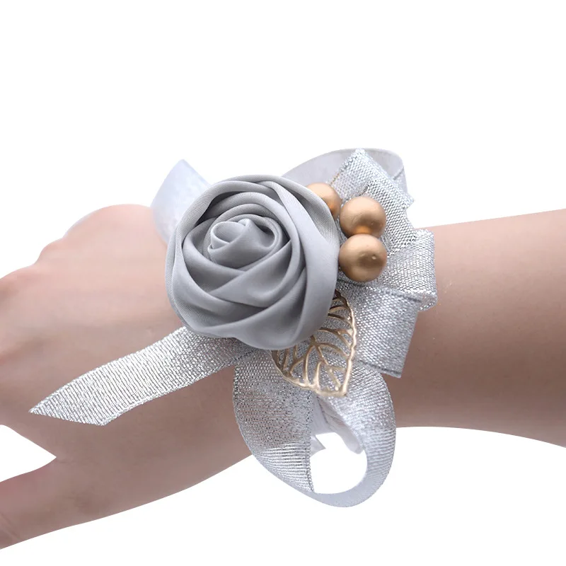 Grijs Rose Bloemen Zijden Strik Huwelijk Accessoires Pols Corsage Bruiloft Armband Bruidsmeisje Party Leveranciers