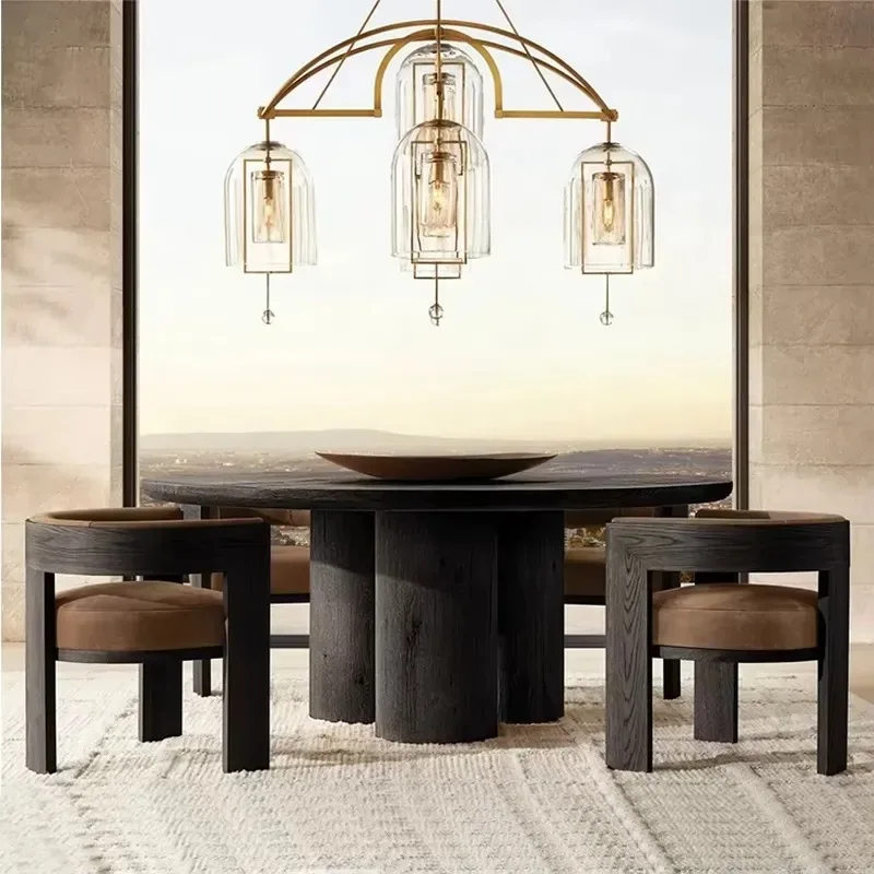 Solid Oak Round Dining Table Black Frame 6 Seats Modern Convertible Design for Apartment Hotel Workshop
