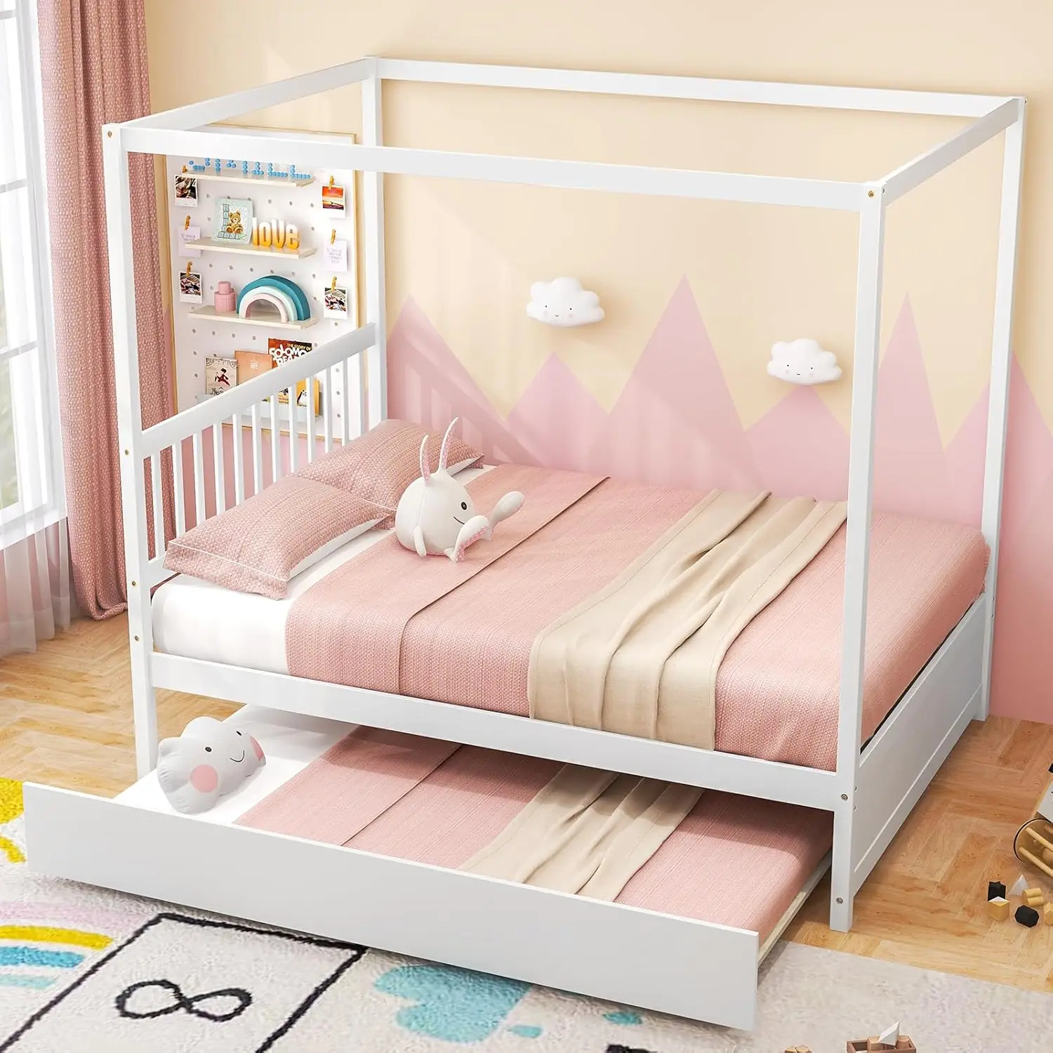 Wood Canopy Bed with Trundle, Full Size Kids Solid Wood Platform Bed Frame with Headboard, Modern Space Saving Full Bed with Twi