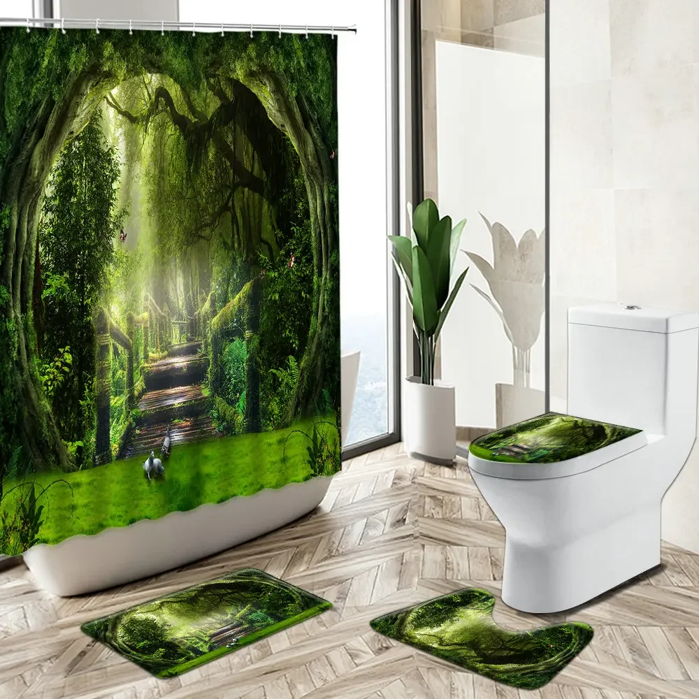 Forest Natural Scenery Shower Curtain Trees Green Plant Wooden Bridge Road Non-Slip Carpet Toilet Cover Floor Mat Set Washable