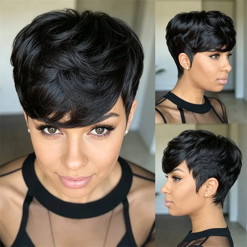 Short Pixie Cut Wig Human Hair Full Machine Made Short Wavy Layered Wigs Natural For Women Halloween Party Cosplay Daily Wear