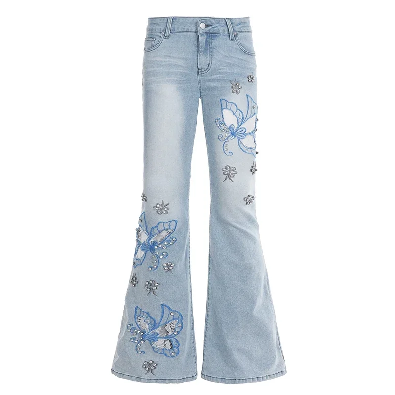 

Женские винтажные тонкие джинсы с вышивкой бабочки, повседневные расклешенные брюки с низкой талией, осень 202, американские ретро милые джинсовые брюки