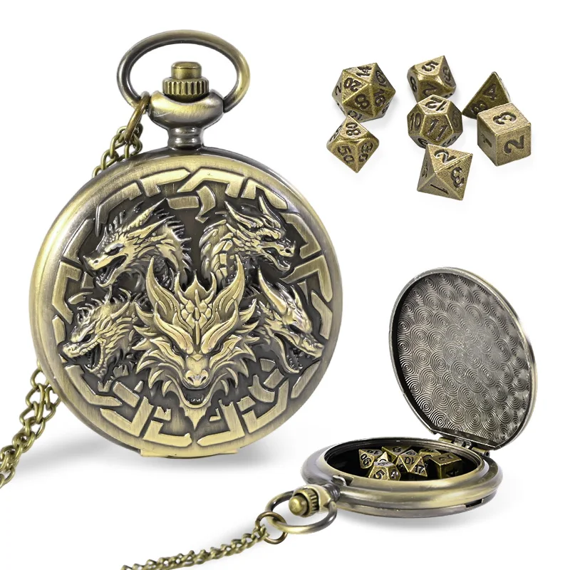 

Miniature Metal Polyhedron DND Dice Set Role-Playing Game Dice 7 Sets + 3D Engraved Dragon Head Theme Pocket Watch Storage Box D