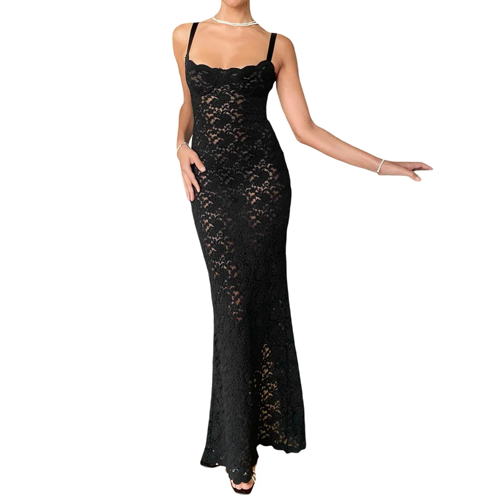 Women's Lace Split Long Dress Sexy Sleeveless Slim Fit Black Dress Summer Solid Color Cocktail Party Dress Zip Back Cami Dress