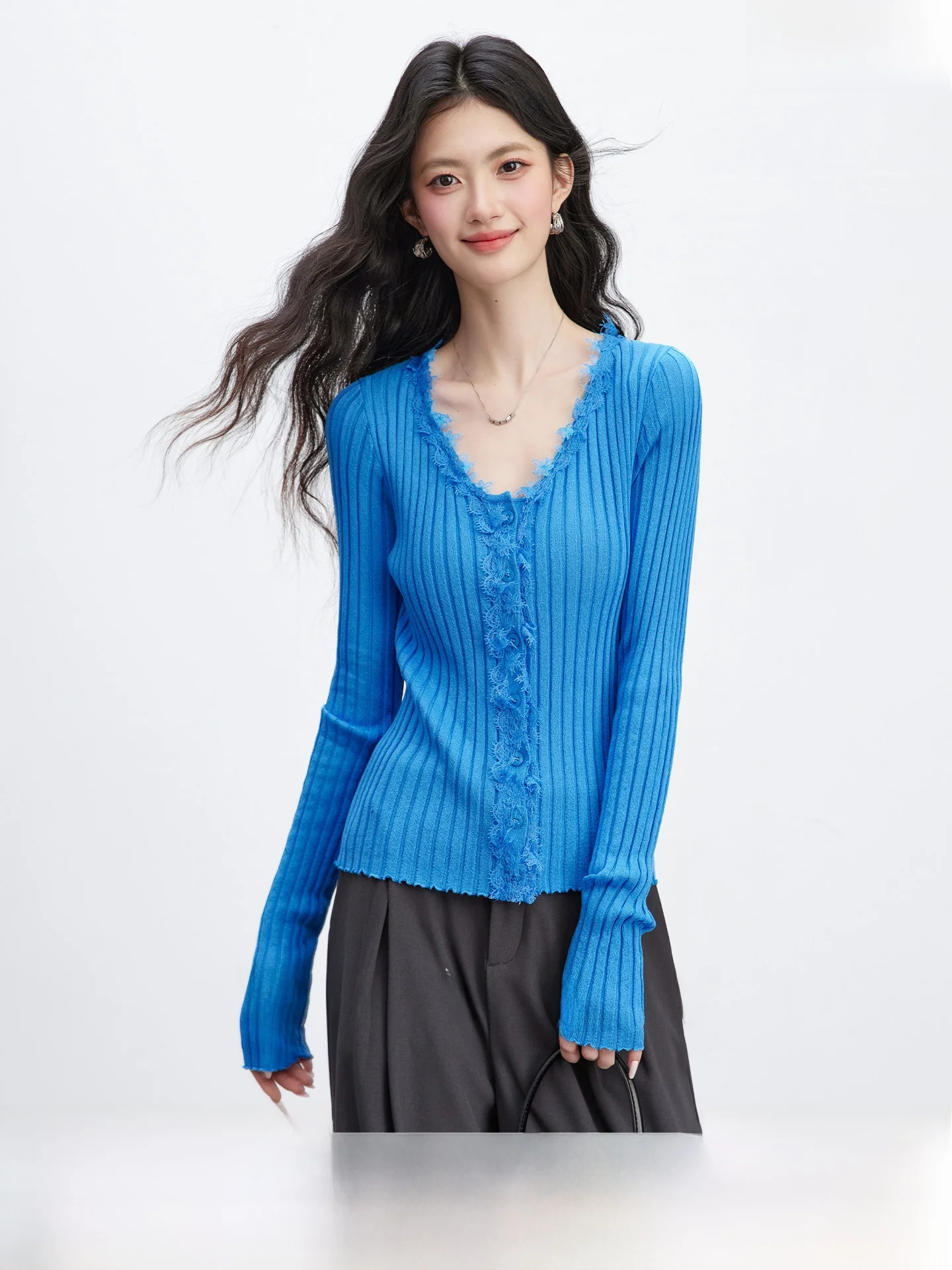 

Sweet Cool V-ne Knitted Sweater Women's Slim Fit Spring New Sle Lace Stri French Sle Soft Knitted Top