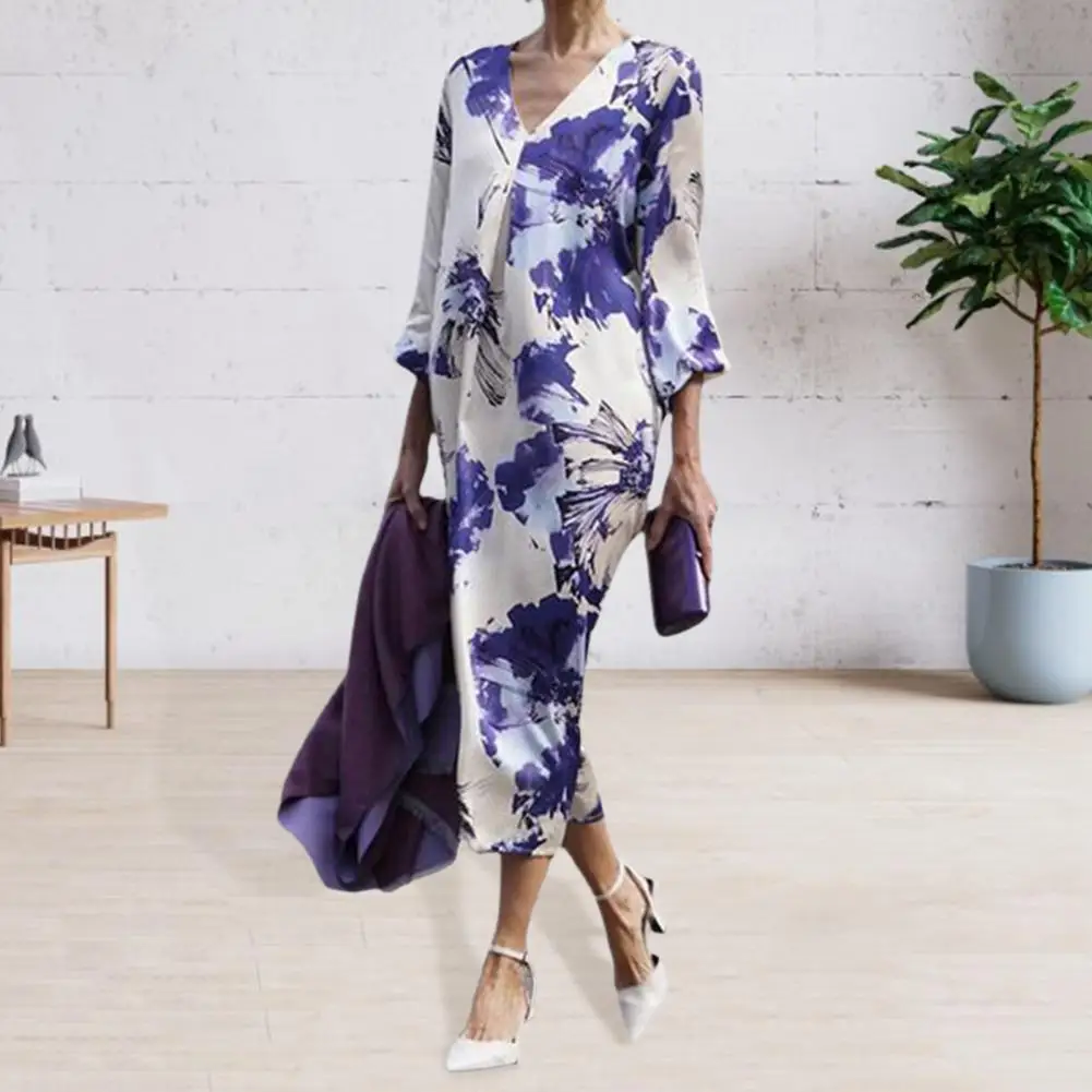 

Women Long Sleeve Midi Dress Stylish V Neck Midi Dress for Women Long Sleeves Contrast Color Printing for Parties Shopping