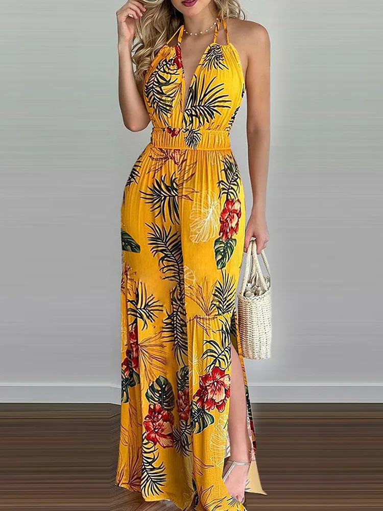 Tropical Print Slim Waist Sexy Backless Slit Leg Jumpsuits Women Summer Rompers