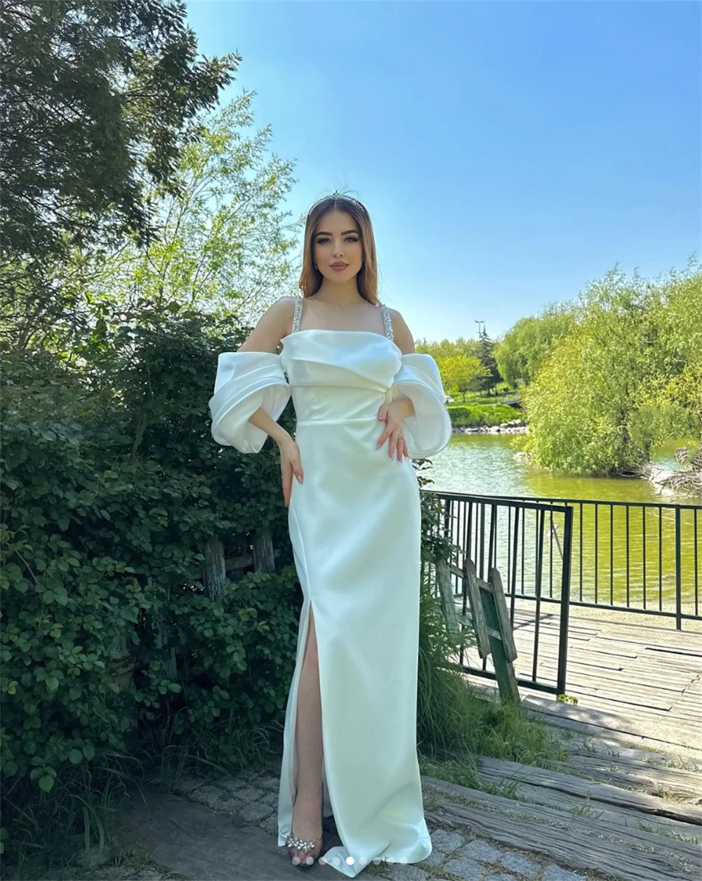 Jessica White Simple Prom Dresses Elegant Ladies Satin Evening Dresses Wedding Dress Sexy Side Slit Wedding Party Dress