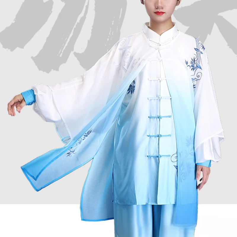 2/3 Pcs/Set Blue White Porcelain Gradient Color Tai Ji Embroidery Martial Arts Set Competition Wear Kung Fu Exercise Clothing