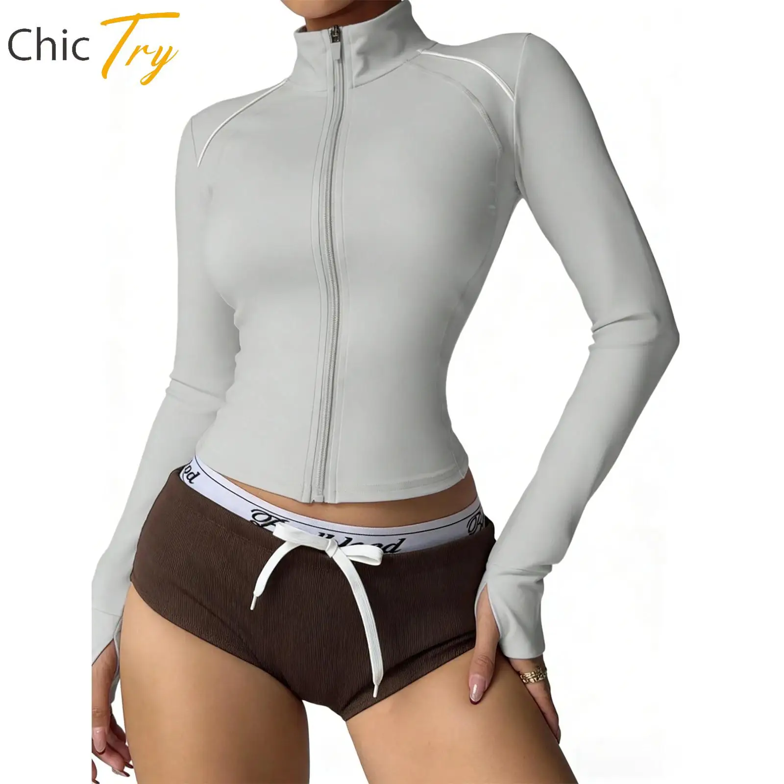 

Womens Yoga Workout Jacket Spors Tops Gym Running Cycling Clothing Slim-Fit Long Sleeves Thumbholes Zipper Outerwear Sportswear