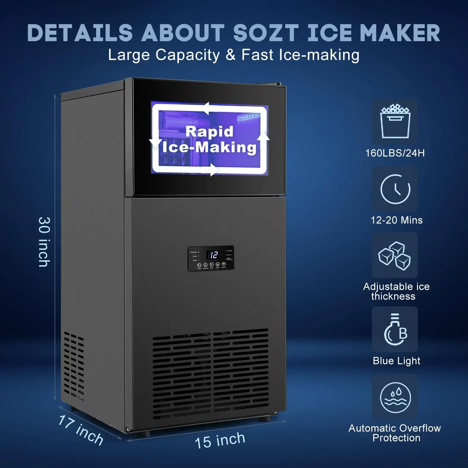 Commercial Ice Maker, 160Lbs/24H with 35Lbs Ice Capacity,  15inch Stainless Steel Under Counter Freestanding Ice Machine Maker