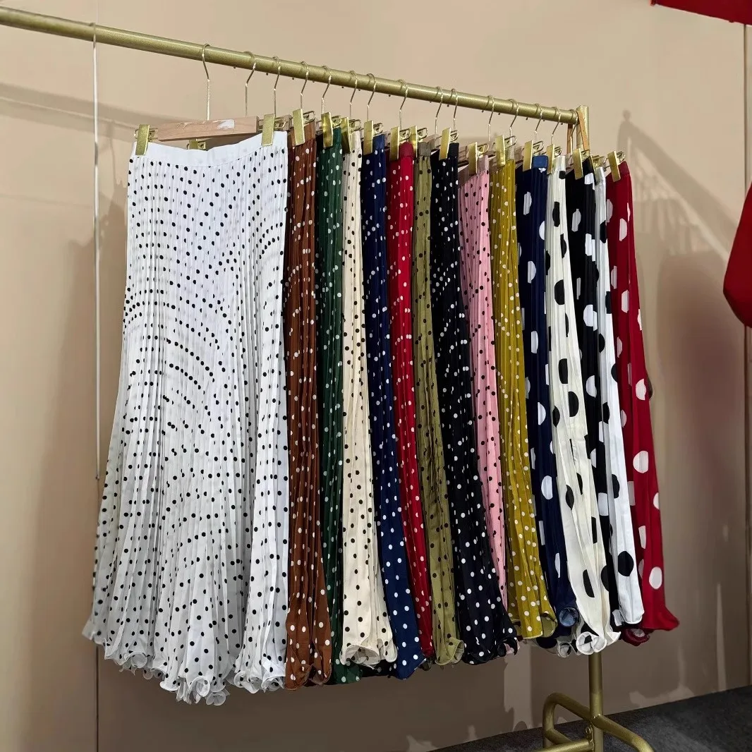 

High Waist Polka Dot Long Skirt for Women Elegant Boho Beachwear Big Hem Ruffled Pleated Loose Fit 2025 New Style